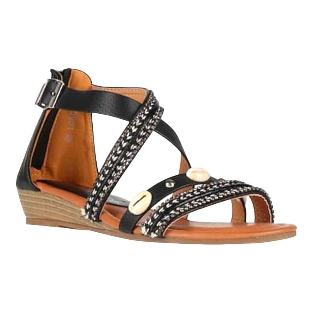 Black Leather Strappy Seashell Ankle Sandals - NEW